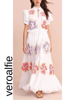 Veroalfie Clown Maxi White Embroidered Floral Tiered Maxi Dress